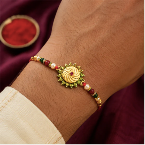 Round Shape Rakhi with Stone & Bead Work – Traditional Designer Rakhi for Brother