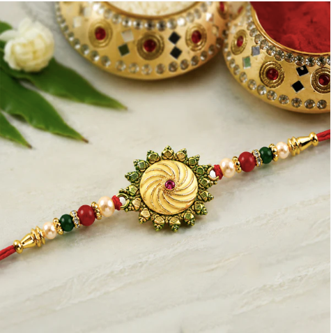 Round Shape Rakhi with Stone & Bead Work – Traditional Designer Rakhi for Brother