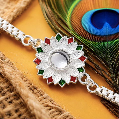 Silver Meenakari Floral Rakhi – Elegant Designer Rakhi for Brother