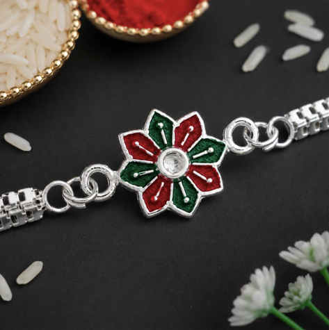 Silver Floral Enamel Rakhi – Premium Designer Rakhi for Brother