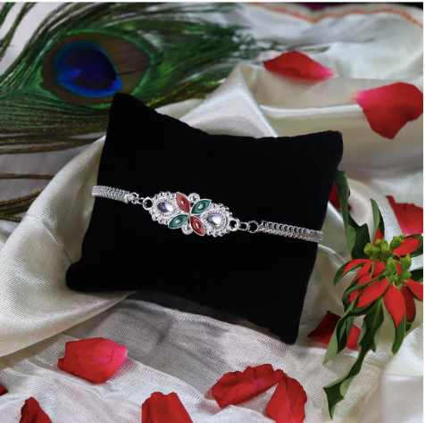 Floral Rakhi with Red & Green Enamel – Premium Designer Rakhi for Brother