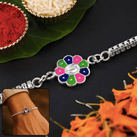 Flower Design Rakhi with Enamel Work – Premium Bracelet Rakhi for Brother