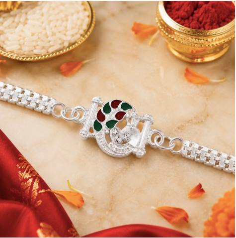 Silver Finish Rakhi with Red & Green Enamel – Premium Designer Rakhi for Brother