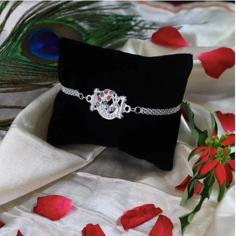 Silver Finish Rakhi with Red & Green Enamel – Premium Designer Rakhi for Brother