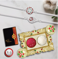 Silver Rakhi Combo Set – 2 Designer Rakhis with Silver Coin, Roli Chawal & Chocolate Gift