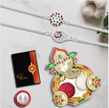 Silver Rakhi Set with Ganesha Tilak Thali – 2 Designer Rakhis, Coin & Chocolate Gift Combo