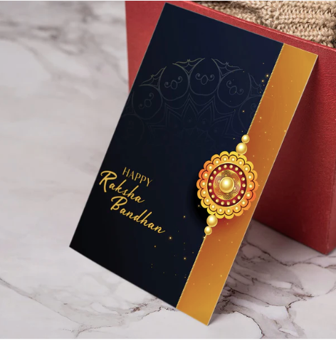 Designer Rakhi Combo Set – Krishna Flute & Floral Rakhis with Chocolates, Silver Coin & Greeting Card