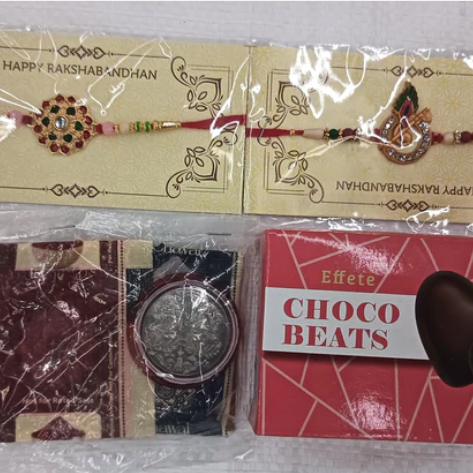 Designer Rakhi Combo Set – Krishna Flute & Floral Rakhis with Chocolates, Silver Coin & Greeting Card
