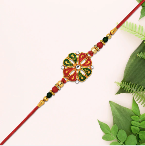 Flower Rakhi with Enamel & Golden Beads – Premium Designer Rakhi for Brother