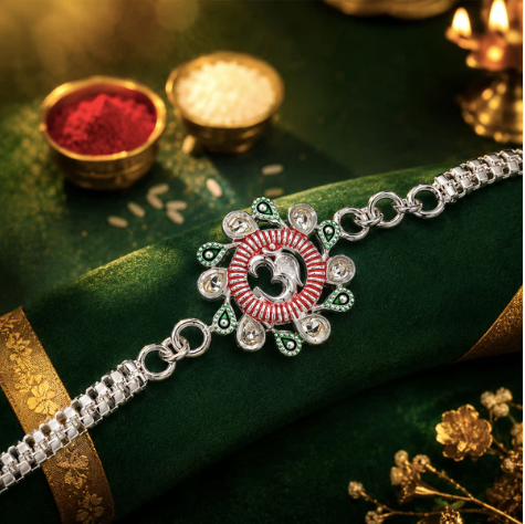 Floral Om Rakhi with Pink & Green Accents – Premium Designer Rakhi for Brother