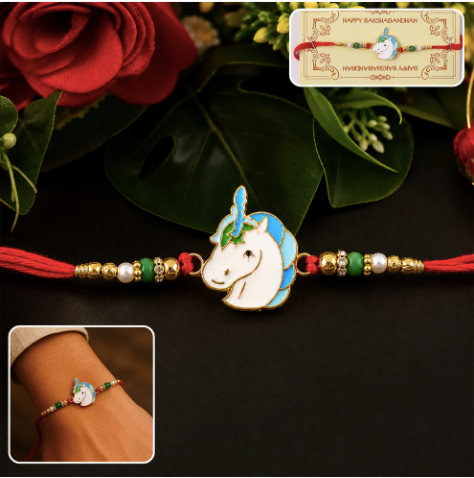 Cute Unicorn Beaded Rakhi – Designer Unicorn Charm Rakhi for Brother